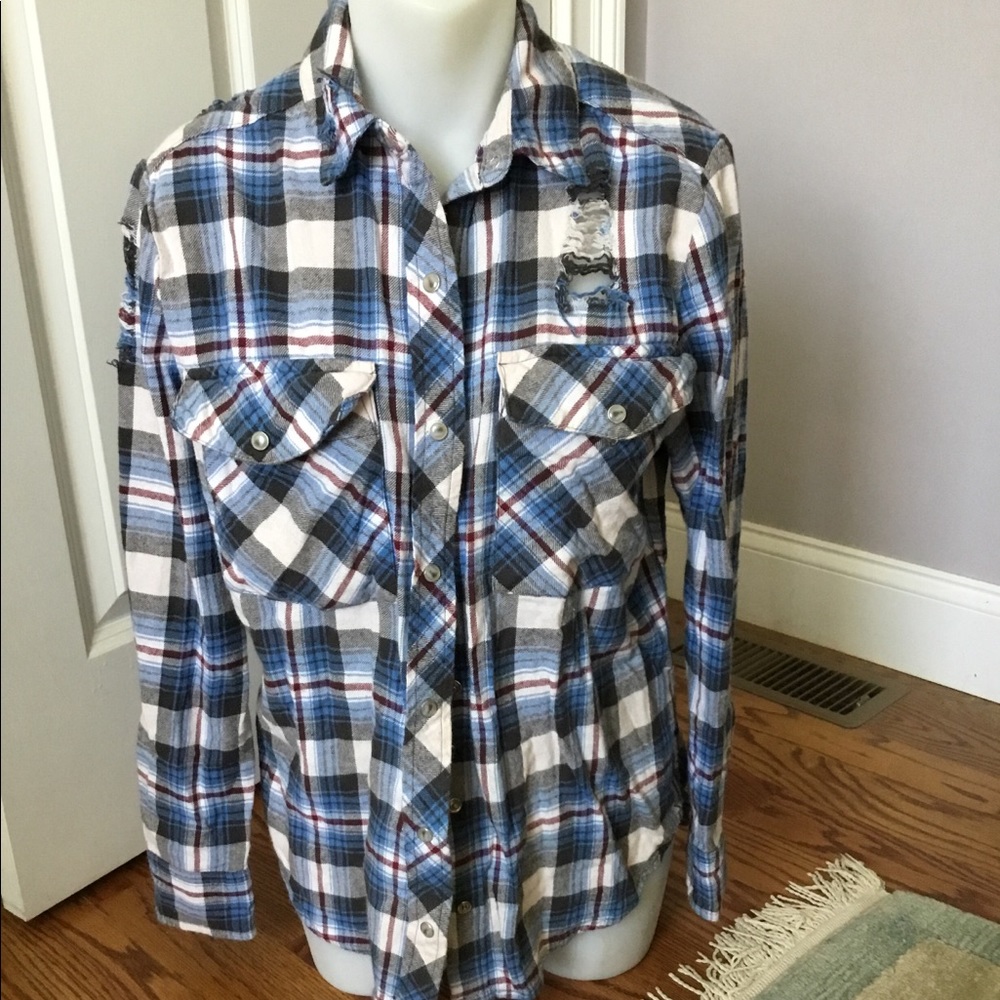2/$10 Forever 21 distressed flannel shirt. - Picture 1 of 4